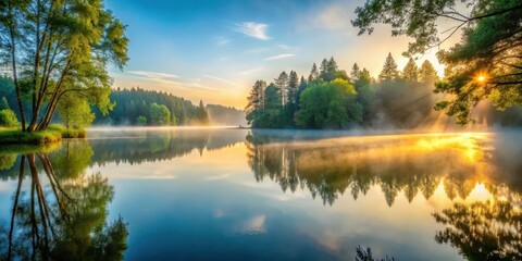 Obraz premium A serene lake at dawn with misty atmosphere