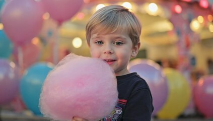 Fototapeta premium Little boy eating cotton candy at a fair