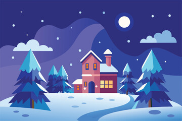 Fototapeta premium A peaceful winter night with a charming house nestled among snow-covered trees beneath a bright moon, Snowfalling Customizable Flat Illustration