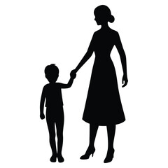 Mother and child holding hands silhouette vector illustration on white background