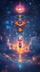 a celestial and colorful illustration with a central design against a galaxy backdrop.