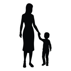 Mother and child holding hands silhouette vector illustration on white background