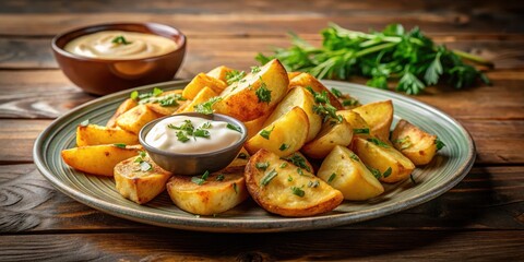 Crispy golden fried potatoes served on a plate with a side of tangy aioli sauce and fresh herbs, fried food, restaurant food