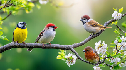 Obraz premium Birds Perched on Tree Branches in Spring Morning Light