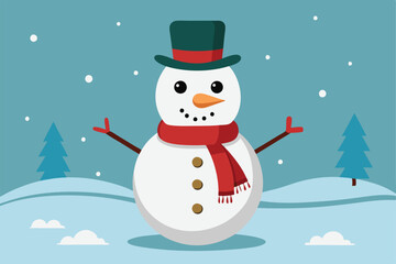 Fototapeta premium Create a cheerful snowman wearing a scarf and top hat in a lovely winter landscape with snow, Snowman Customizable Semi Flat Illustration