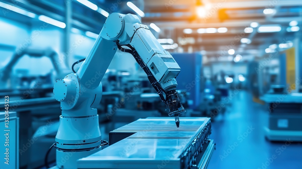 Poster a futuristic cobot-enhanced factory with precision engineering and automation.