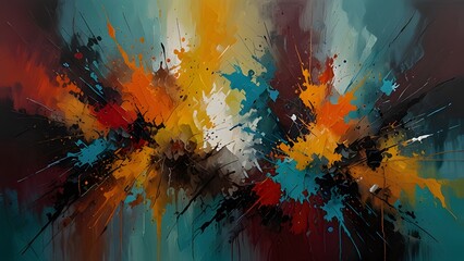 Chaotic brushstrokes on abstract canvas with rich colors and rough textures

