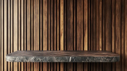 Elegant Marble Shelf on Wooden Wall Background for Product Display Mockup