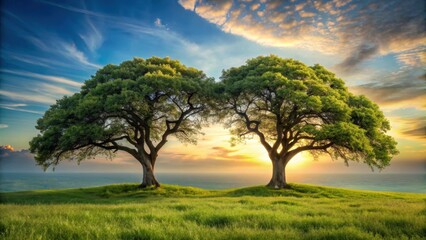 Fototapeta premium Two trees stretching towards each other with their branches intertwined, forming a natural arch over a serene landscape, tree