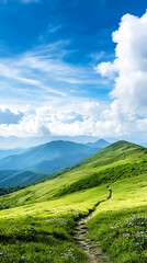Fototapeta premium Wind turbines harnessing renewable energy on a green mountain range under a bright blue sky landscape photography natural environment