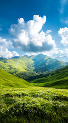 Fototapeta premium Wind turbines on a green mountain range under a blue sky scenic landscape nature photography serene environment aerial view renewable energy concept