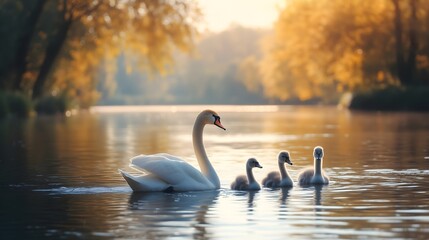 Swans gracefully swim on a serene lake surrounded by autumn-colored trees during golden hour