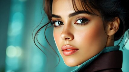 Portrait of young hispanic woman with intense gaze in elegant setting - Powered by Adobe