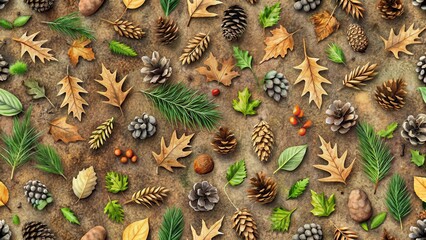 Obraz premium Animal tracks seamless pattern made of forest floor elements like leaves, twigs and pinecones, terrain, nature