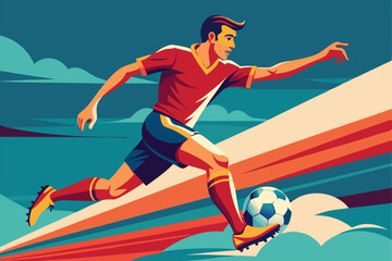 A soccer player is making a powerful kick with the ball, showcasing skill and energy in a colorful backdrop, Soccer player kicking the ball. vector illustration in retro style.