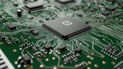 Fototapeta premium Micro processor chip on a circuit board showcasing advanced technology and artificial intelligence capabilities