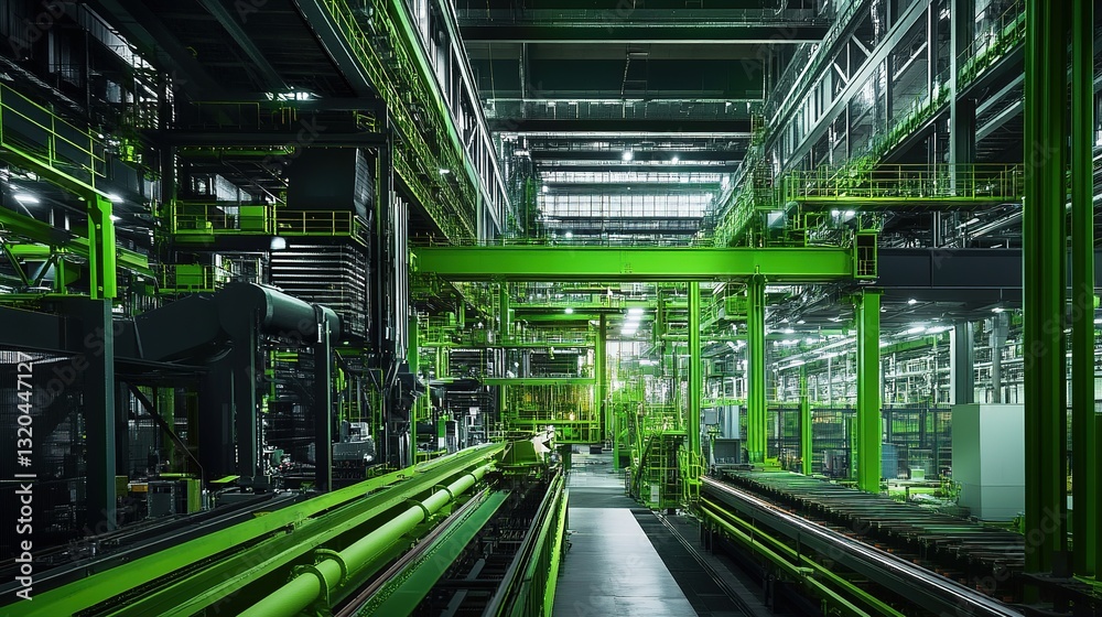 Poster a green factory implementing robotic precision to eliminate material waste.