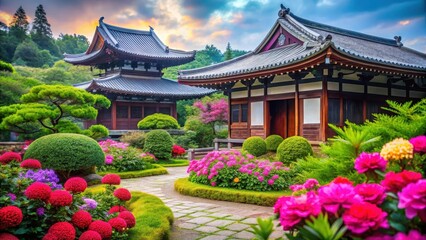 Obraz premium Serene temple grounds with vibrant flowers and foliage, outdoor, scenery, outdoor