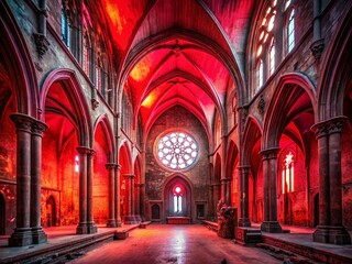 Fototapeta premium Abandoned Gothic Hall: Eerie Red Light, Towering Arches & Circular Window Stock Photo