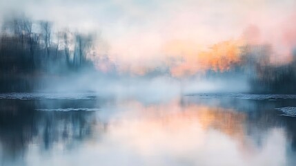 Fototapeta premium Reflective River Landscape with Mist and Distant Trees at Dawn