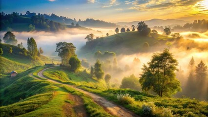 Naklejka premium A serene hillside with lush green vegetation and a meandering path leading to the edge of a village, surrounded by tall trees and covered in mist at dawn, natural scenery, sunrise