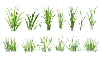 Fototapeta premium Variety of green grass blades set on white background for nature design project