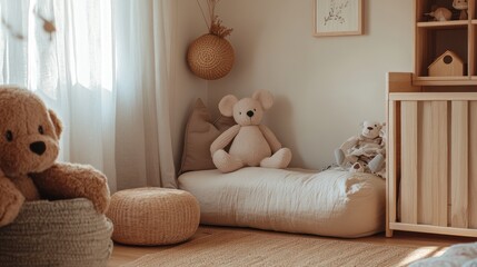 Cozy child's room with plush toys and a comfy seating area