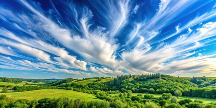 A serene blue sky with fluffy white clouds and a few wispy strands of cirrus, against a backdrop of lush green trees and rolling hills in a rural landscape , countryside, blue sky