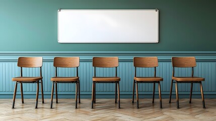 A serene and modern interior space featuring a row of stylish chairs arranged neatly along a bright room wall
