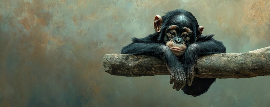 A contemplative baby chimpanzee resting on a weathered tree branch - Powered by Adobe