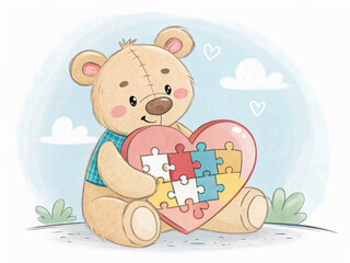 Fototapeta premium World Autism Awareness day, concept with teddy bear holding puzzle or jigsaw pattern on heart