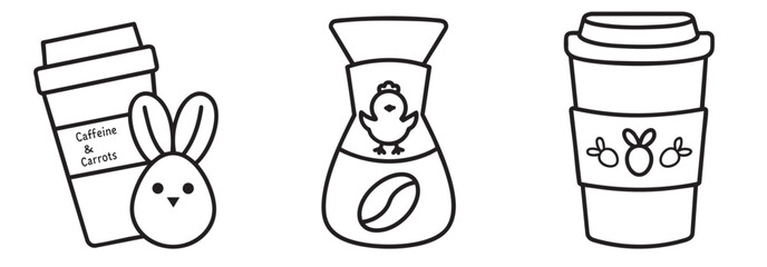 Easter bunny coffee collection. Cute illustrated coffee cups with a bunny, chick, and decorative elements.