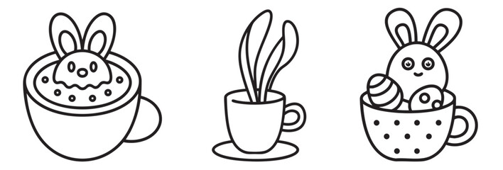 Easter bunny coffee collection. Three cute line drawings featuring bunnies in cups and a plant.