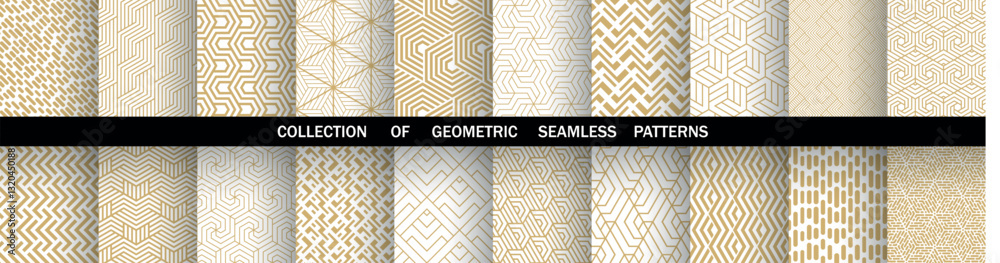 Fototapete Geometric set of seamless golden and white patterns. Simple vector graphics
