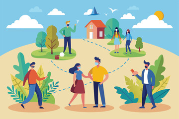 A lively representation of individuals practicing social distancing while enjoying activities outdoors, Social distancing Customizable Semi Flat Illustration