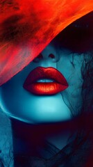 a woman's face with red lips and a veil.