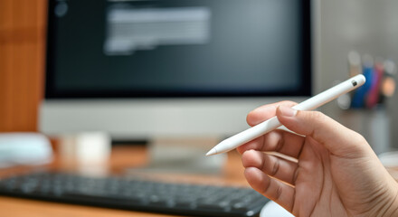 Hand holding a white stylus pen near a computer keyboard and screen