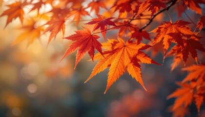 Vibrant autumn maple leaves, Close-up nature photography, Warm orange and red hues