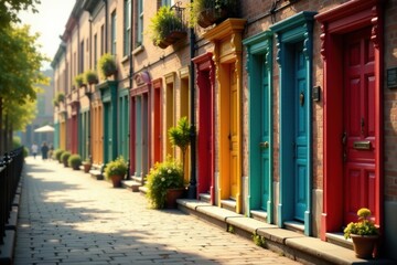 Fototapeta premium A sunlit cobblestone lane lined with colorful doors, showcasing a vibrant array of hues and architectural details, creating a picturesque urban scene.