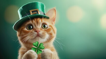 Adorable ginger kitten wearing st. patrick's day hat holding clover. Saint Patrick's Day, St Paddy's Day, St Patty's Day - Irish National Holiday and Cultural Celebration