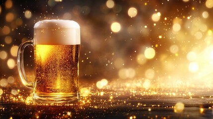 Golden beer mug with foamy head amidst sparkling bokeh lights on wooden surface. Saint Patrick's Day, St Paddy's Day, St Patty's Day - Irish National Holiday and Cultural Celebration