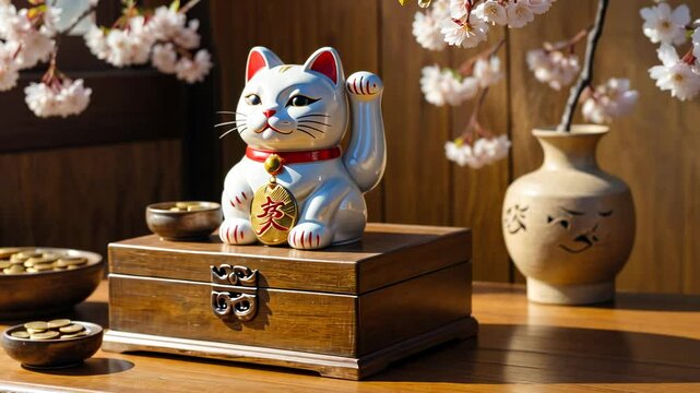 A white cat figurine sits on a wooden box, surrounded by cherry blossoms and bowls of coins. It symbolizes good luck and fortune