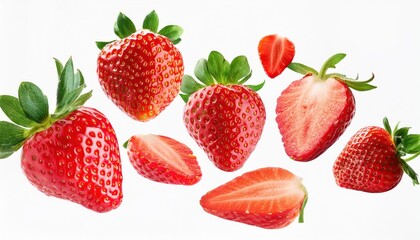 Strawberries and Sliced Strawberries Flying in the Air Isolated on White Background