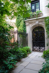 Fototapeta premium A picturesque, ivy-clad stone entrance gate surrounded by lush greenery, exuding a serene and inviting vibe in a garden setting.