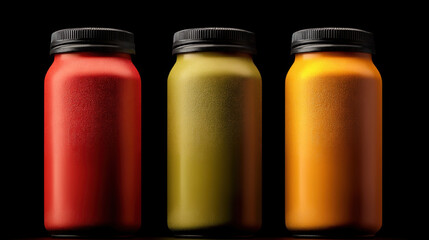 Three different colored bottles representing the innovative production of canned protein meals and nutritional choices