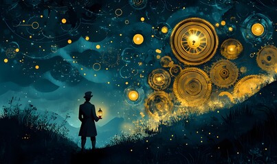 Obraz premium a person holding a lantern standing in front of the gear-shaped sky.