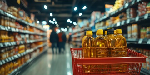 Shopping Cart Filled with Cooking Oil in Grocery Store Aisle