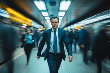 Time-lapse footage of stressed businessman in suit walking briskly in a crowded subway station during rush hour.