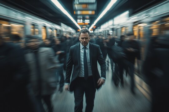 Time-lapse footage of stressed businessman in suit walking briskly in a crowded subway station during rush hour. - Powered by Adobe