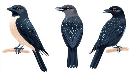 Fototapeta premium Three elegant birds perched on branches - nature and birdwatching illustration suitable for ornithology education and decor